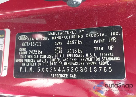 2012 Kia Optima Ex Turbo z USA, uszkodzony, nr VIN 5XXGN4A62CG013765